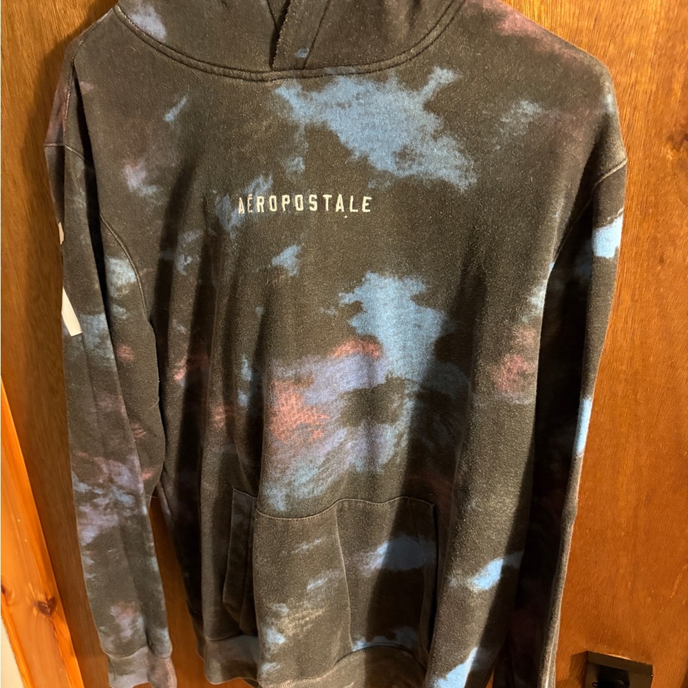 Aeropostale Men's Black and Blue Tie-Dye Hoodie